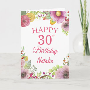 30. Geburtstag Aquarellfarben Blume Rosa Karte