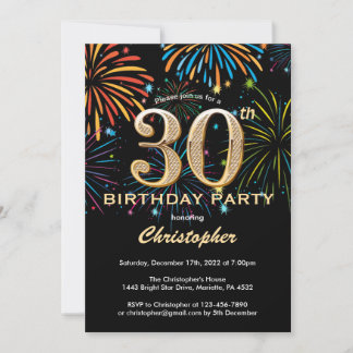 30. Geburtstag Black and Gold Rainbow Fireworks Einladung