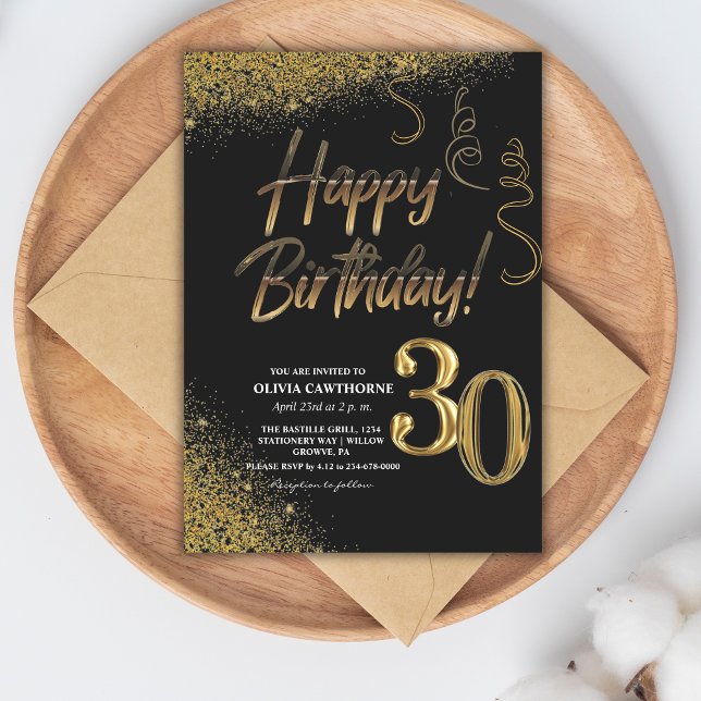30. Geburtstag Black & Gold Glitzer Moderner Einladung (Von Creator hochgeladen)