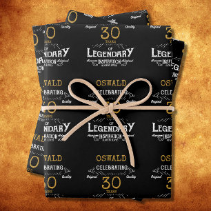 30. Geburtstag Black Gold Legendary Retro Geschenkpapier Set
