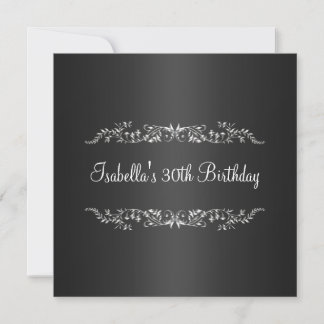 30. Geburtstag Black & Silver Floral Metal Einladung