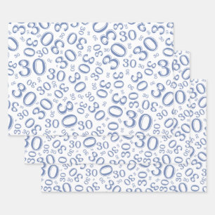 30. Geburtstag Blaues & Weißes Zufallszahlenmuste Geschenkpapier Set
