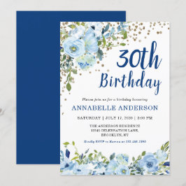 30. Geburtstag Blue Floral Watercolor Gold Confett Einladung