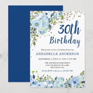 30. Geburtstag Blue Floral Watercolor Gold Confett Einladung