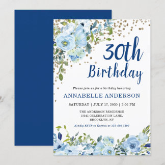 30. Geburtstag Blue Floral Watercolor Gold Confett Einladung