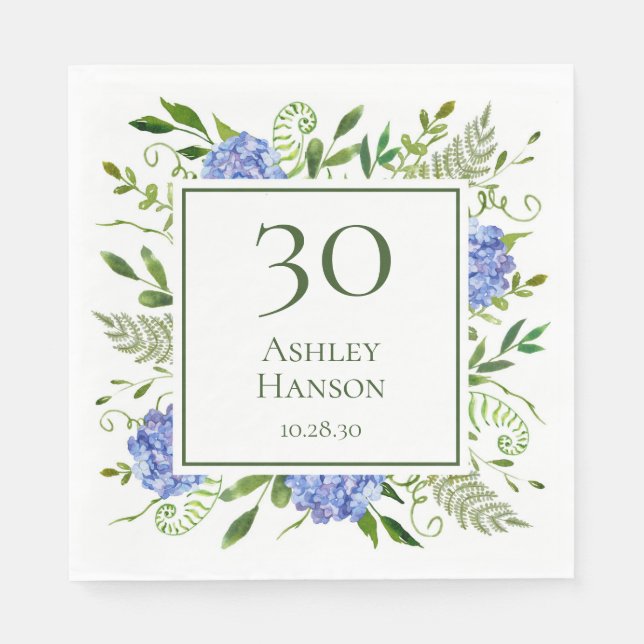 30. Geburtstag Blue Hydrangeas Serviette (Vorderseite)