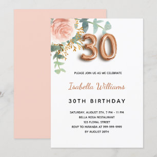 30. Geburtstag Blumen- Rose Gold Eukalyptus Grünze Einladung
