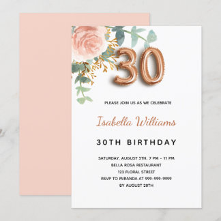 30. Geburtstag Blumen- Rose Gold Eukalyptus Grünze Einladung