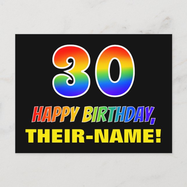 30. Geburtstag: Bold, Fun, Simple, Rainbow 30 Postkarte (Vorderseite)