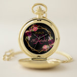 30. Geburtstag Bordeaux Blumen schwarz geometrisch Taschenuhr<br><div class="desc">Ein Geschenk oder Sake für einen 30. Geburtstag. Ein schicker schwarzer Hintergrund mit einem geometrischen Rahmen aus Imitaten. Die Einrichtung ist mit dunklen lila und bordeauxfarbenen Blume, Rose und Boho-Federn geschmückt. Vorlagen für Namen, Alter und Datum. Geburtsdatum oder Geburtsdatum des Party. Der Name wird mit einem handgeschriebenen Stift geschrieben, mit...</div>