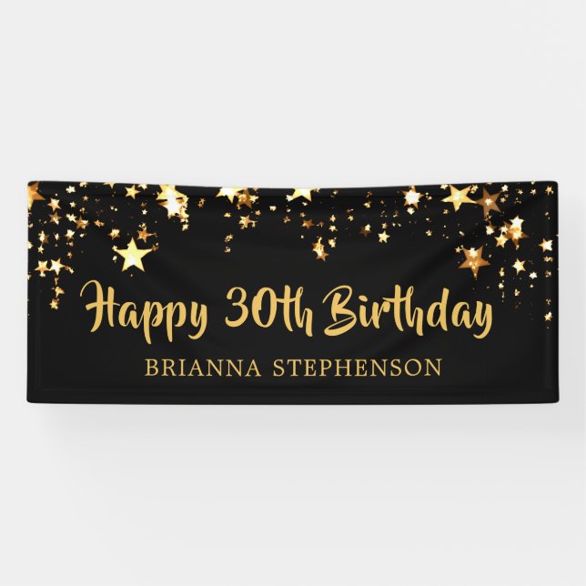 30. Geburtstag Brush Script Black Gold Stars Banner (Horizontal)