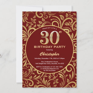30. Geburtstag Burgund Rot und Gold Floral Muster Einladung