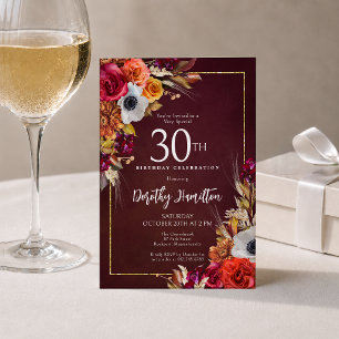 30. Geburtstag Burgunder Herbstblumen Elegantes Sk Einladung