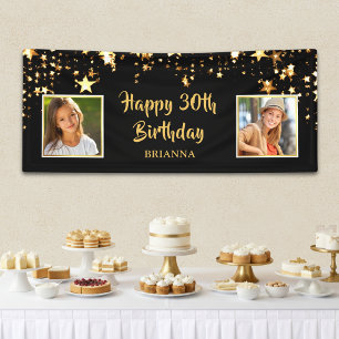 30. Geburtstag Dann & Jetzt Fotos Black Gold Stars Banner