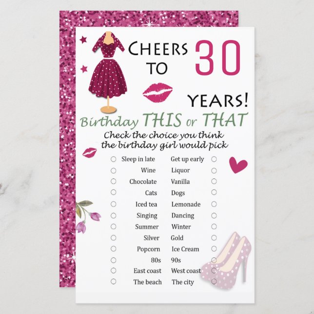 30. Geburtstag Dieses oder jenes Spiel (Vorne/Hinten)