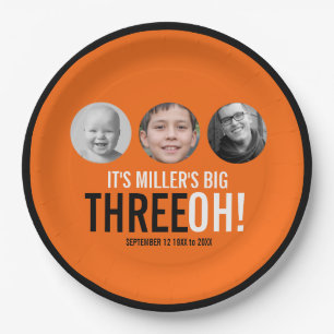 30. Geburtstag Drei OH! Foto orange und schwarz Pappteller
