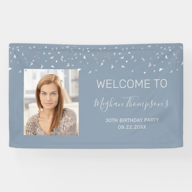 30. Geburtstag Dusty Blue Silver Confetti Willkomm Banner (Horizontal)