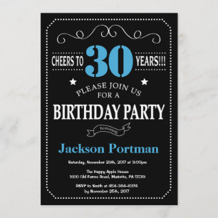 30. Geburtstag Einladung Blue und Black Chalkboard