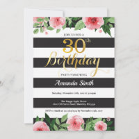 30. Geburtstag Einladung Frauen. Floral Gold Black