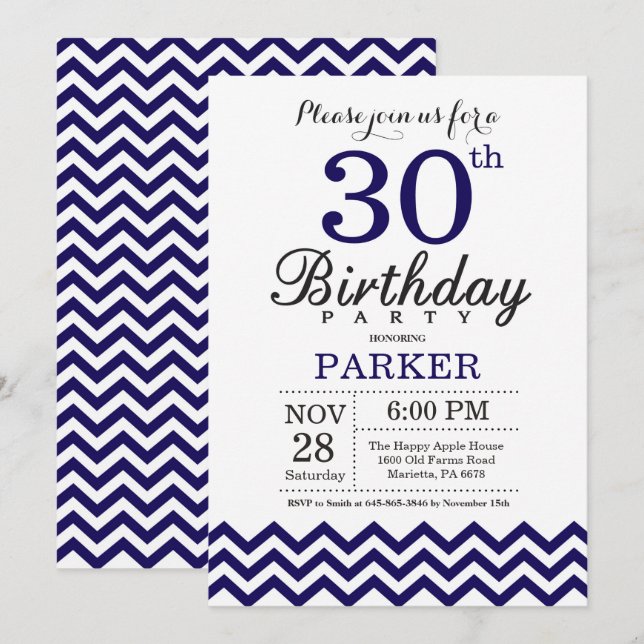 30. Geburtstag Einladung Navy Blue Zickzack (Vorne/Hinten)