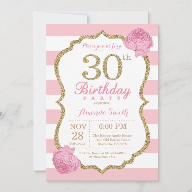 30. Geburtstag Einladung Pink und Gold Floral (Vorderseite)