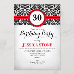 30. Geburtstag Einladung Red Schwarz-weiß Damask