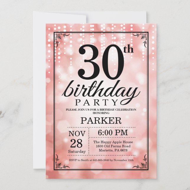30. Geburtstag Einladung Rosa Glitzer (Vorderseite)