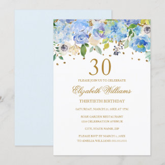 30. Geburtstag Elegant Blue Gold Blume Einladung
