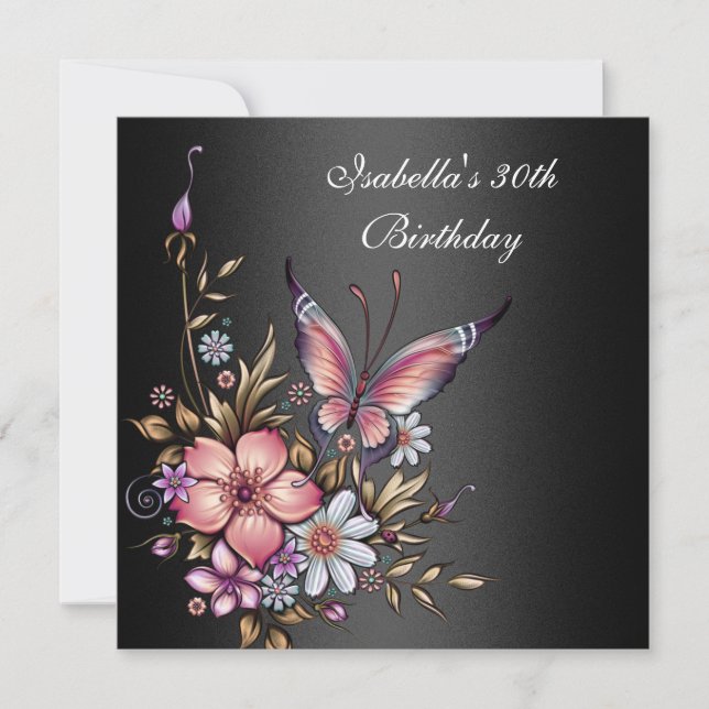 30. Geburtstag Elegant Floral Butterfly Black Einladung (Vorderseite)
