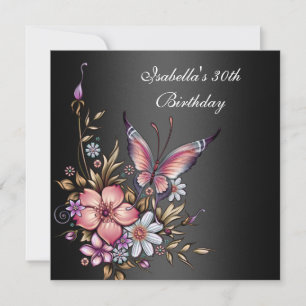 30. Geburtstag Elegant Floral Butterfly Black Einladung