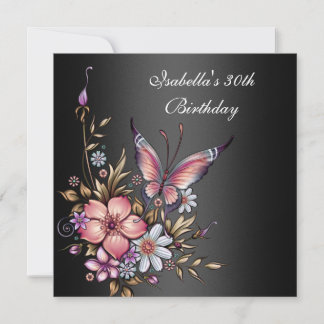 30. Geburtstag Elegant Floral Butterfly Black Einladung