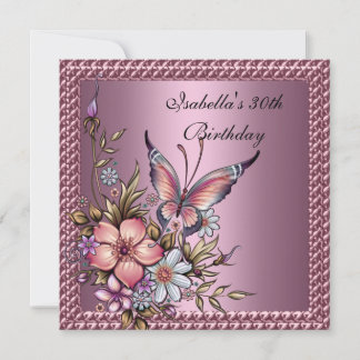 30. Geburtstag Elegant Floral Butterfly Pink Einladung