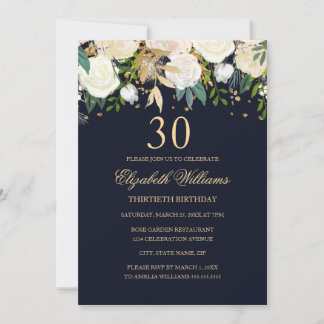 30. Geburtstag Elegant Navy Gold Floral Einladung