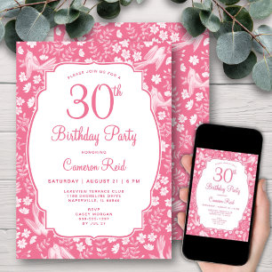 30. Geburtstag Elegant Rosa Floral Weiblich Vogel Einladung