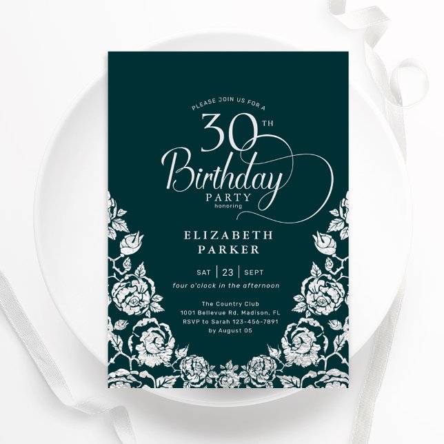 30. Geburtstag Emerald Green Silver Rose Einladung (Von Creator hochgeladen)