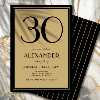 30. Geburtstag Erwachsene Schwarz und Gold Modern Einladung