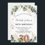 30. Geburtstag Eukalyptusgrün Glitzer elegant Einladung<br><div class="desc">Für ein Party zum 30. Geburtstag. Weiß,  mit Eukalyptusgrün und goldenen Blätter dekoriert. Golden Imitats Glitzer Spots. Personalisieren und fügen Sie Ihre Namen und Hochzeitsdetails. Schwarze und goldfarbene Buchstaben. Nummer 30 wird mit Schriftart im Ballonstil geschrieben. Zurück: weißer Hintergrund und goldene Imitate Glitzer Flecken</div>