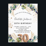30. Geburtstag Eukalyptusgrün Glitzer elegant Einladungspostkarte<br><div class="desc">Für ein Party zum 30. Geburtstag. Weiß, mit Eukalyptusgrün und goldenen Blätter dekoriert. Golden Imitats Glitzer Spots. Personalisieren und fügen Sie Ihre Namen und Hochzeitsdetails. Schwarze und goldfarbene Buchstaben. Nummer 30 wird mit Schriftart im Ballonstil geschrieben. Zurück: weißer Hintergrund und goldene Imitate Glitzer Flecken, Postkartendesign. Tipp: Wenn Sie es nicht...</div>