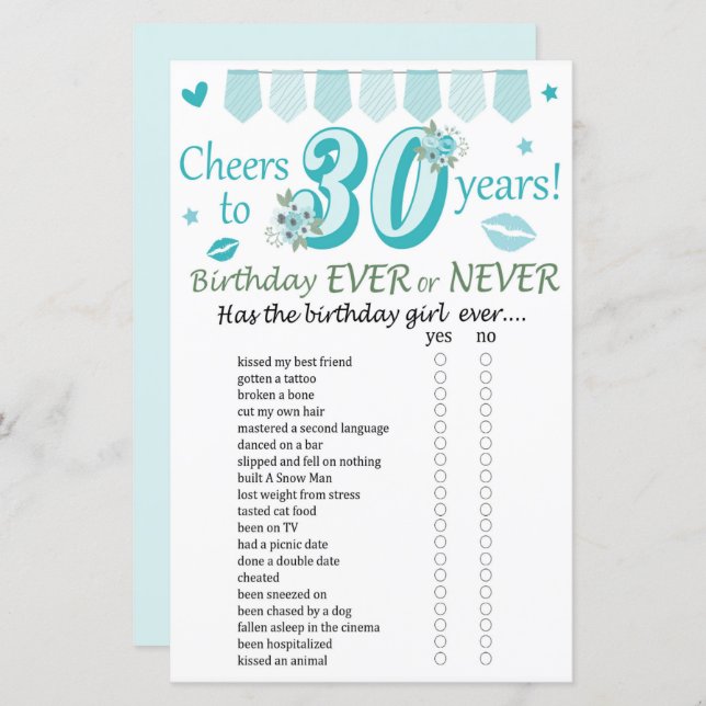 30. Geburtstag Ever oder Nie Game (Vorne/Hinten)