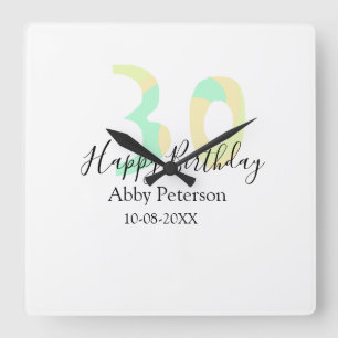 30. Geburtstag fett gedruckter Buchstabe Pastellge Quadratische Wanduhr