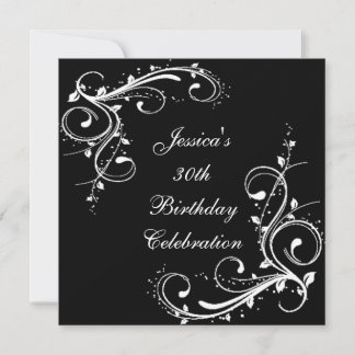 30. Geburtstag Floral Wirbel Schwarz & Weiß Einladung