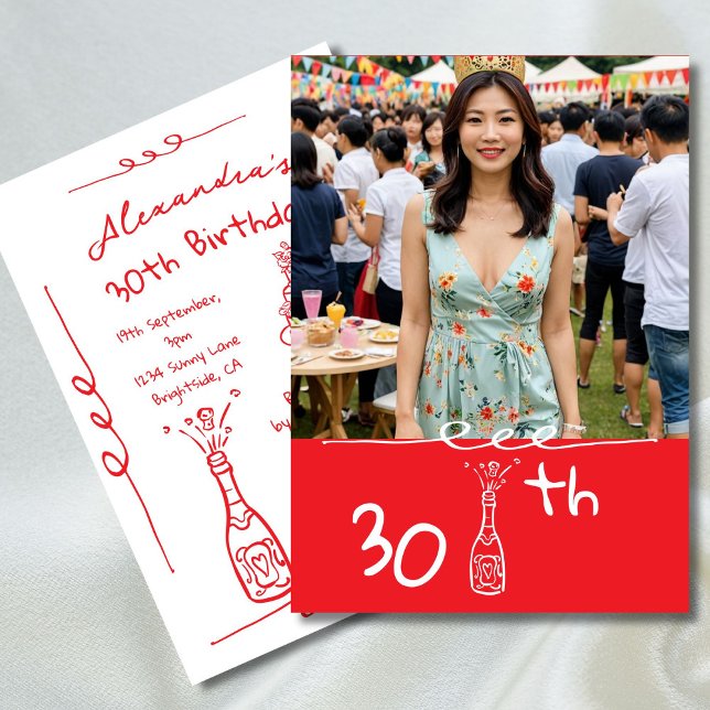 30. Geburtstag Foto Handgezeichnetes Weißes Weiß W Einladung (Von Creator hochgeladen)