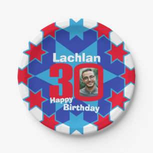 30. Geburtstag Foto Name blaue Sternenpapierplatte Pappteller