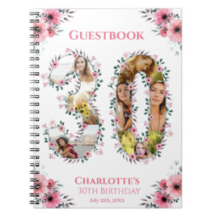 30. Geburtstag Foto Rosa Blume Weißes Gästebuch Notizblock