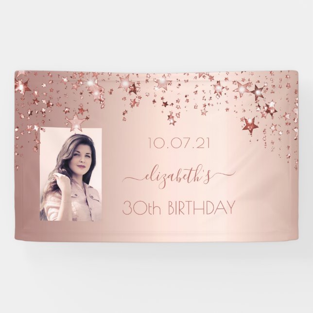 30. Geburtstag Foto Rose Gold Rosa Glitterstars Banner (Horizontal)