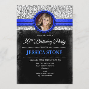 30. Geburtstag Foto - Silver Black Royal Blue Einladung