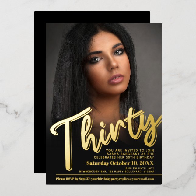30. Geburtstag Foto-Skript Gold Folieneinladung (Vorderseite/Rückseite)