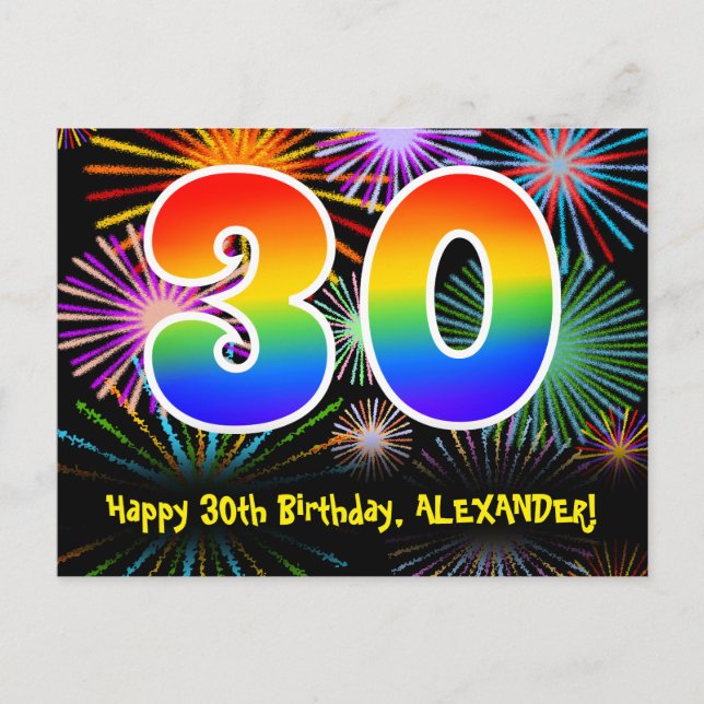 30. Geburtstag - Fun Fireworks Pattern + Regenboge Postkarte (Vorderseite)
