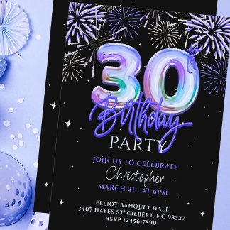 30. Geburtstag für Ihm Blue Fireworks Foil Ballon Einladung