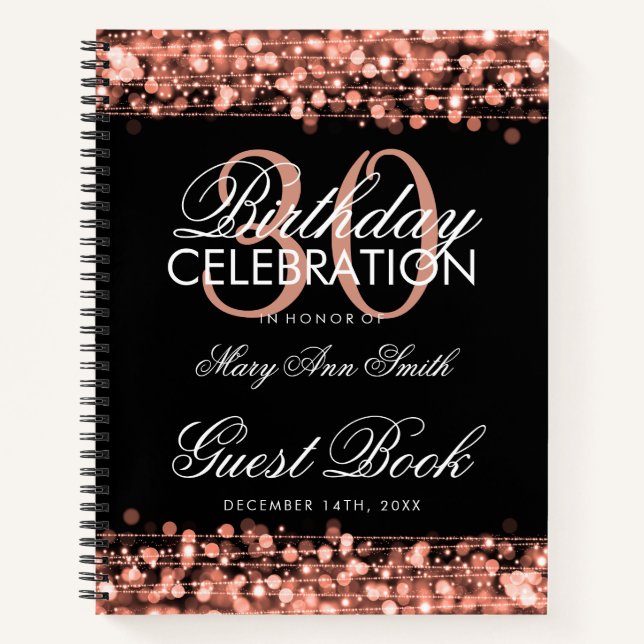 30. Geburtstag Gästebuch Party Glitzern Rose Gold Notizbuch (Vorderseite)